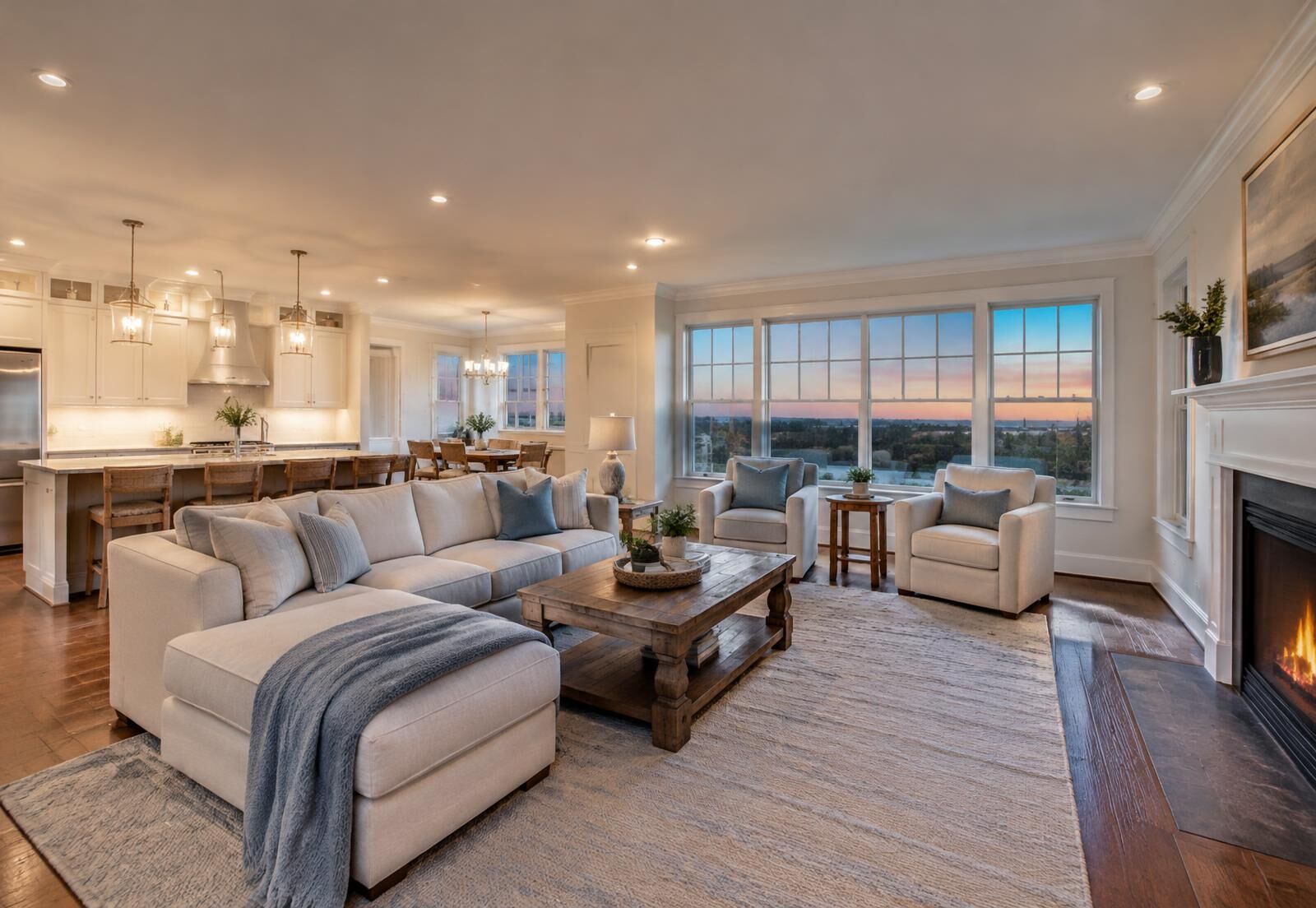 Warmly lit modern living room and kitchen